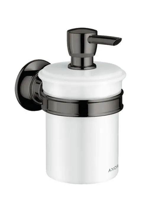 Wandmontierter Spender mit beweglichem Auslass und weißem Behälter. Halterung und Deckel in poliertem Schwarzchrom. Produkt von AXOR.